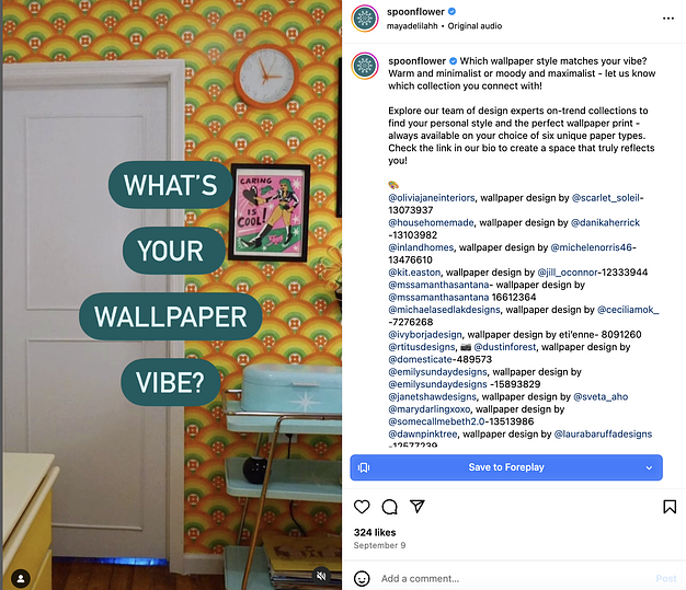still from an Instagram Reel from Spoonflower featuring bright yellow wallpapers in a '70s style room and text overlay that reads "What's your wallpaper vibe?" and caption that reads "Which wallpaper style matches your vibe? Warm and minimalist or moody and maximalist - let us know which collection you connect with."
