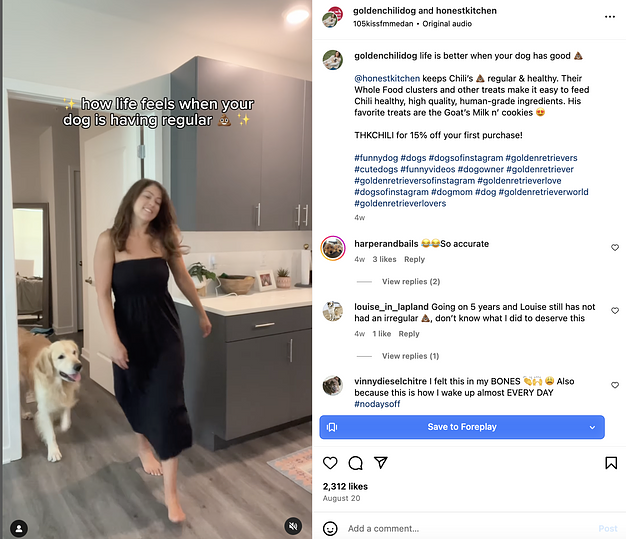 Still from an Instagram Collab post from Honest Kitchen and Golden Chilli Dog featuring a woman in a black dress being followed by a golden retriever and text overlay that reads "how life feels when your dog is having regular (poop emoji)"