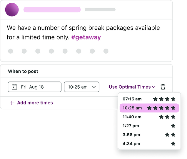 Sprout Social Optimal Times dropdown menu. The menu suggests various posting times, with '10:25 am' highlighted and marked with five stars, indicating it as the most optimal time, followed by other times with fewer stars.
