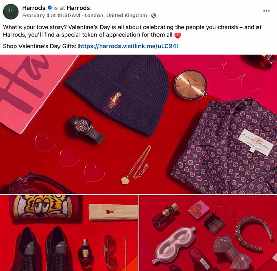 Facebook post from UK retailer Harrod's advertising their shopping options for 2025 Valentine's Day