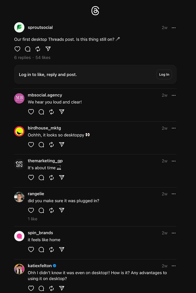 A Thread post from Sprout Social that reads, "Our first desktop Threads post. Is this thing still on?"