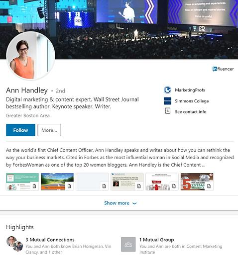 Example LinkedIn profile of Ann Hadley