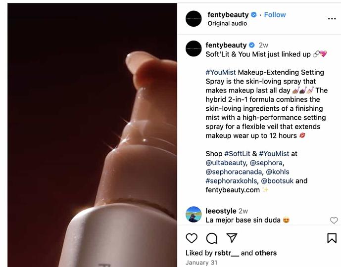 A post from Fenty Beauty on Instagram promoting its make-up setting spray using several hashtags