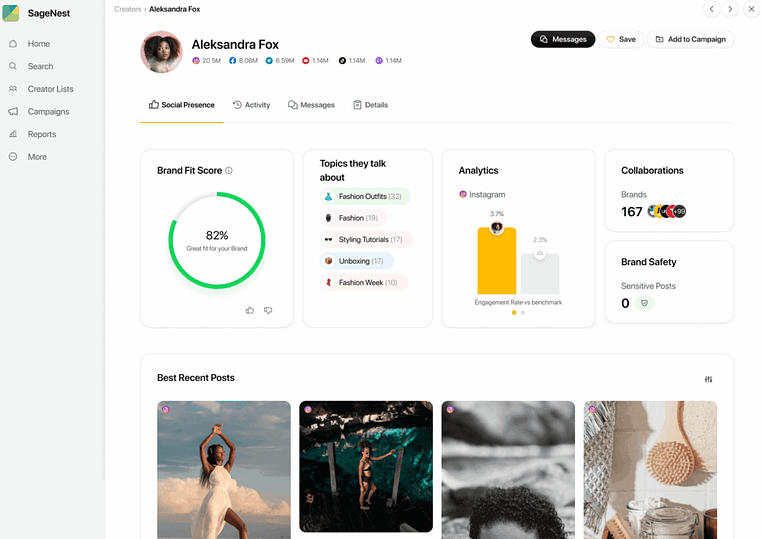 Sprout Social Influencer Marketing dashboard showing the profile of an influencer with analytics and brand fit score.