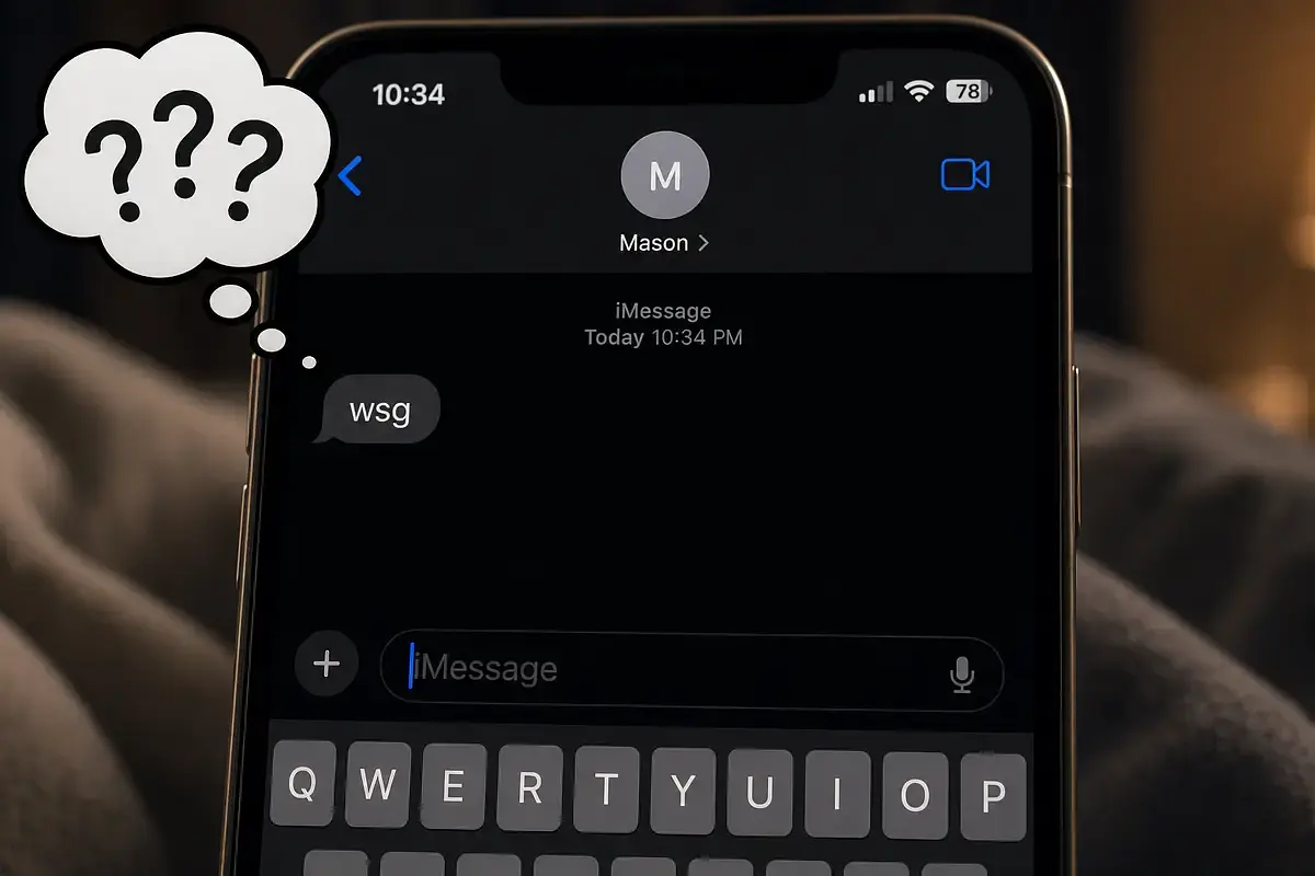 A smartphone screen showing a text conversation with "wsg" as the opening message, with a thought bubble showing question marks above it