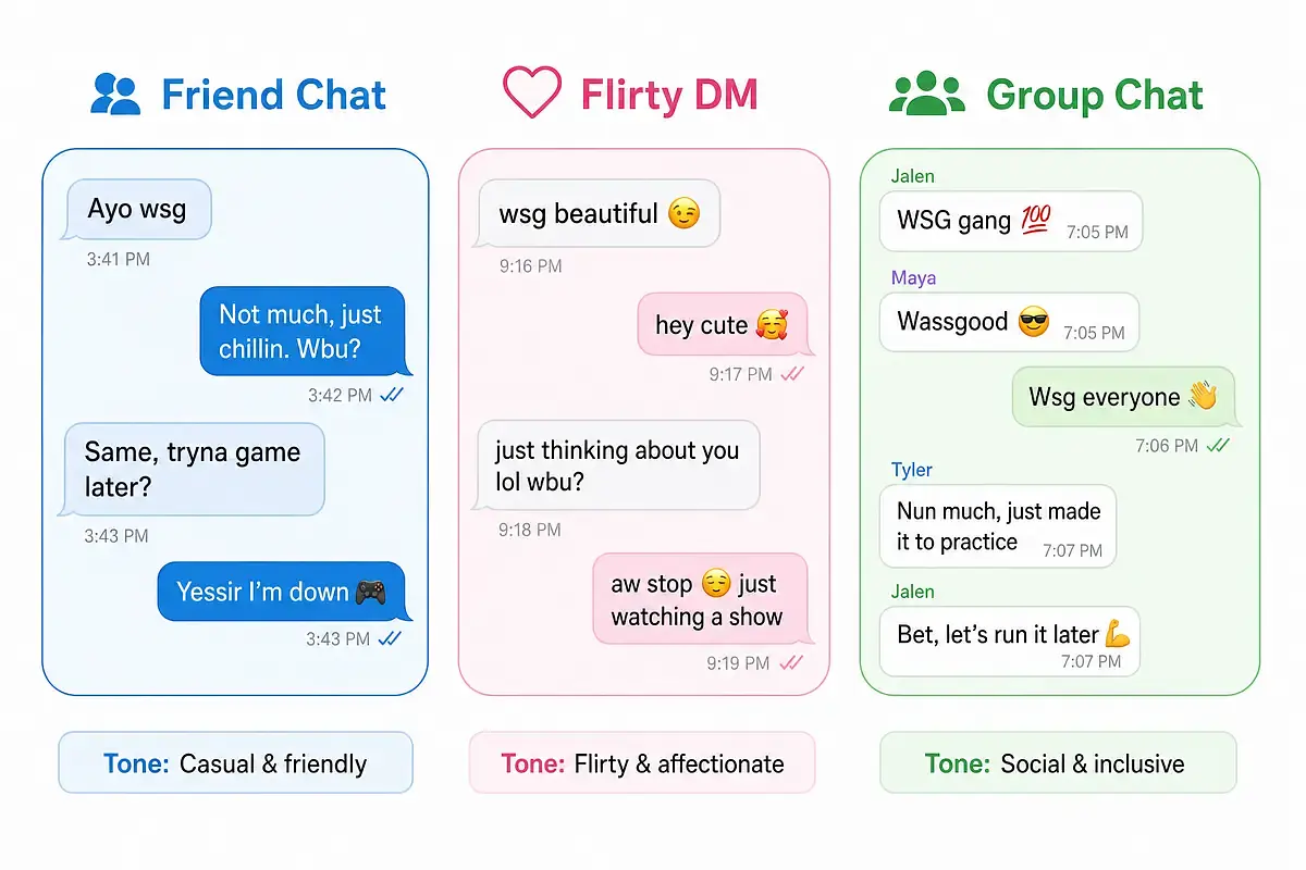A graphic showing three separate chat bubbles — one labeled "Friend Chat," one labeled "Flirty DM," and one labeled "Group Chat" — each with a sample WSG exchange inside to visually contrast the different tones