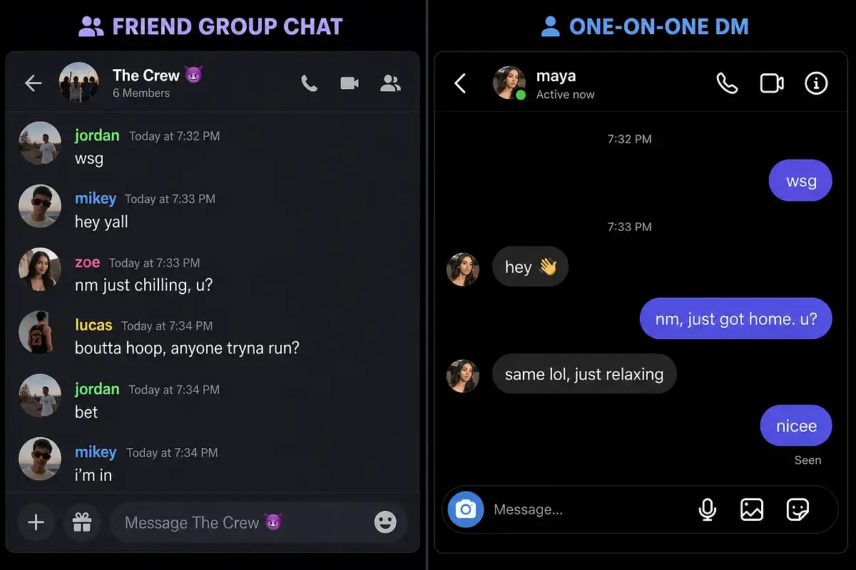 A split-screen graphic showing different contexts — a friend group chat on one side and a one-on-one DM conversation on the other — both containing "wsg"
