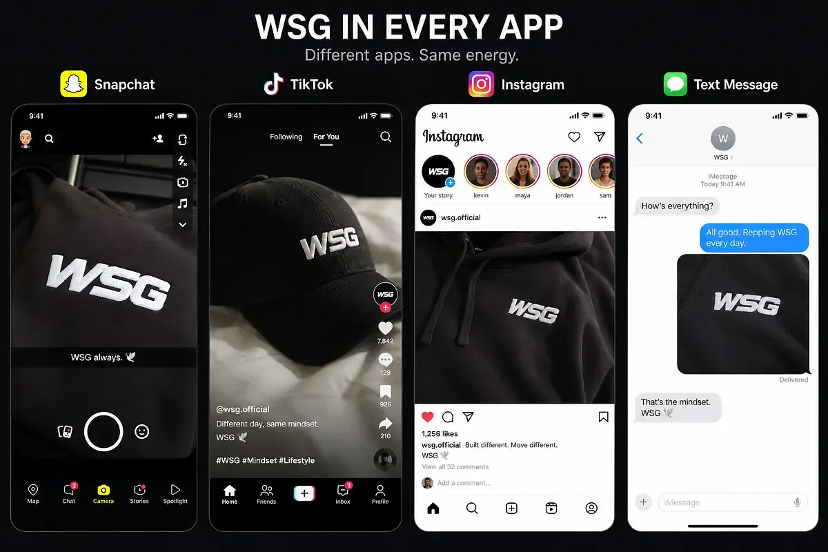 A side-by-side comparison graphic showing WSG appearing in different app interfaces — Snapchat, TikTok, Instagram, and a standard text message