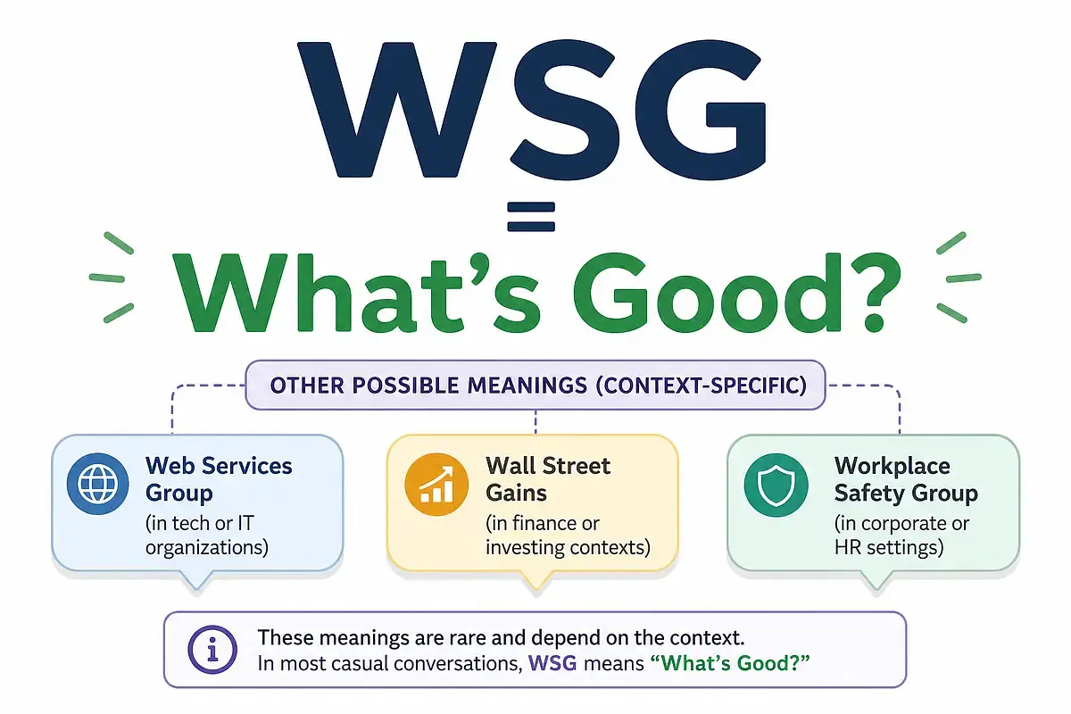 A simple infographic showing "WSG = What's Good?" in large text with smaller callout bubbles showing the rare alternate meanings and labeling them as context-specific