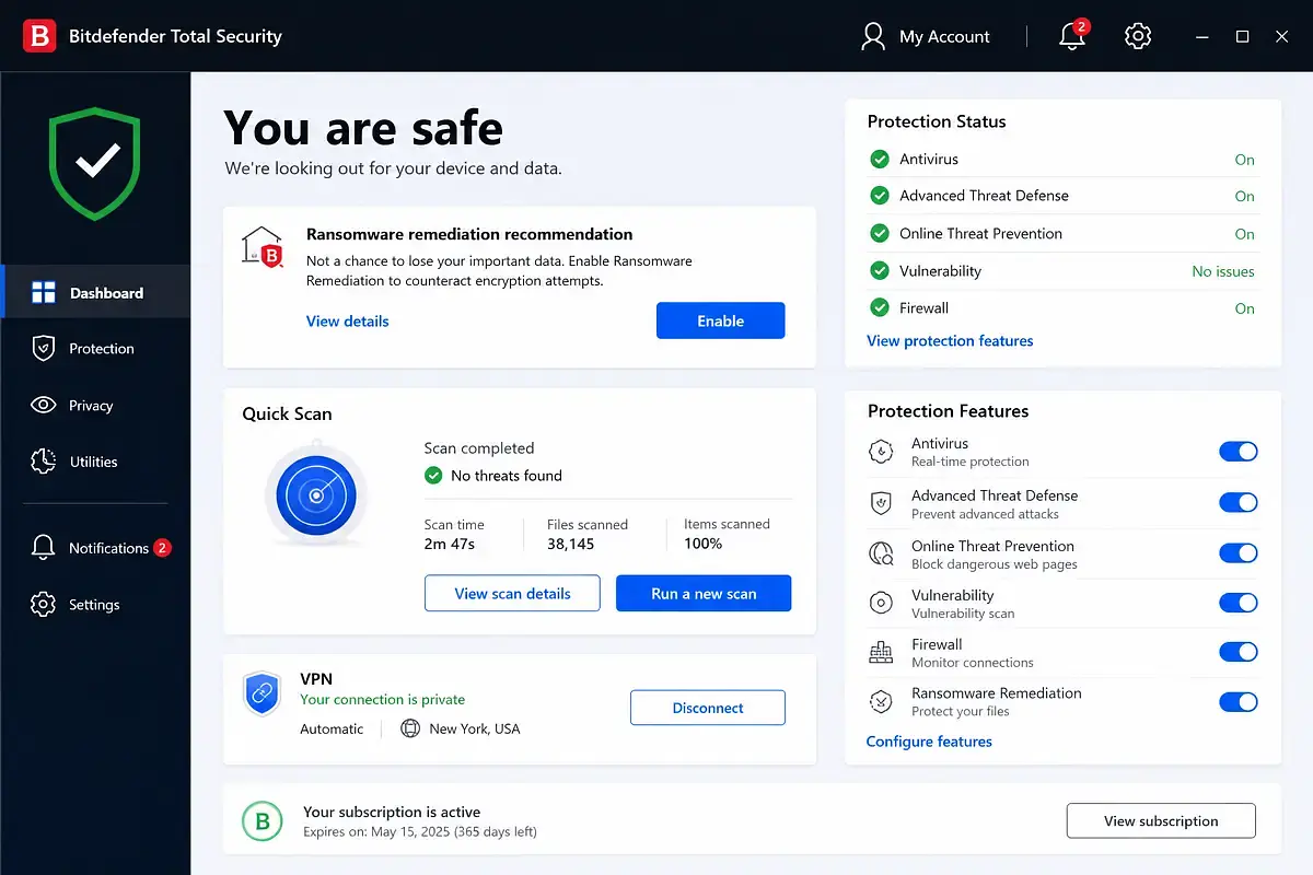 Screenshot-style mockup of an antivirus dashboard showing scan results, protection status indicators, and feature toggles