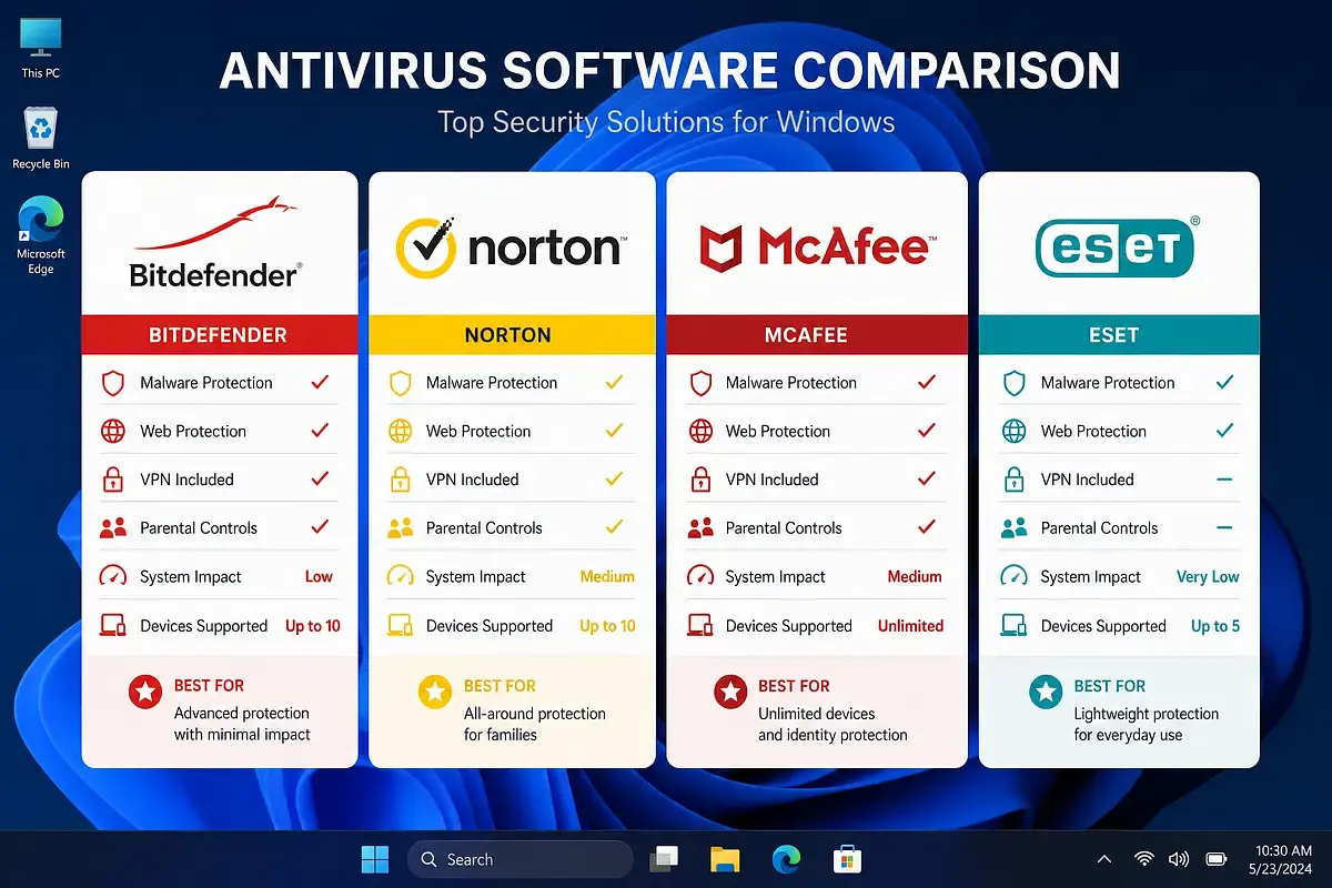 Side-by-side comparison graphic showing antivirus software logos including Bitdefender, Norton, McAfee, and ESET on a Windows desktop background