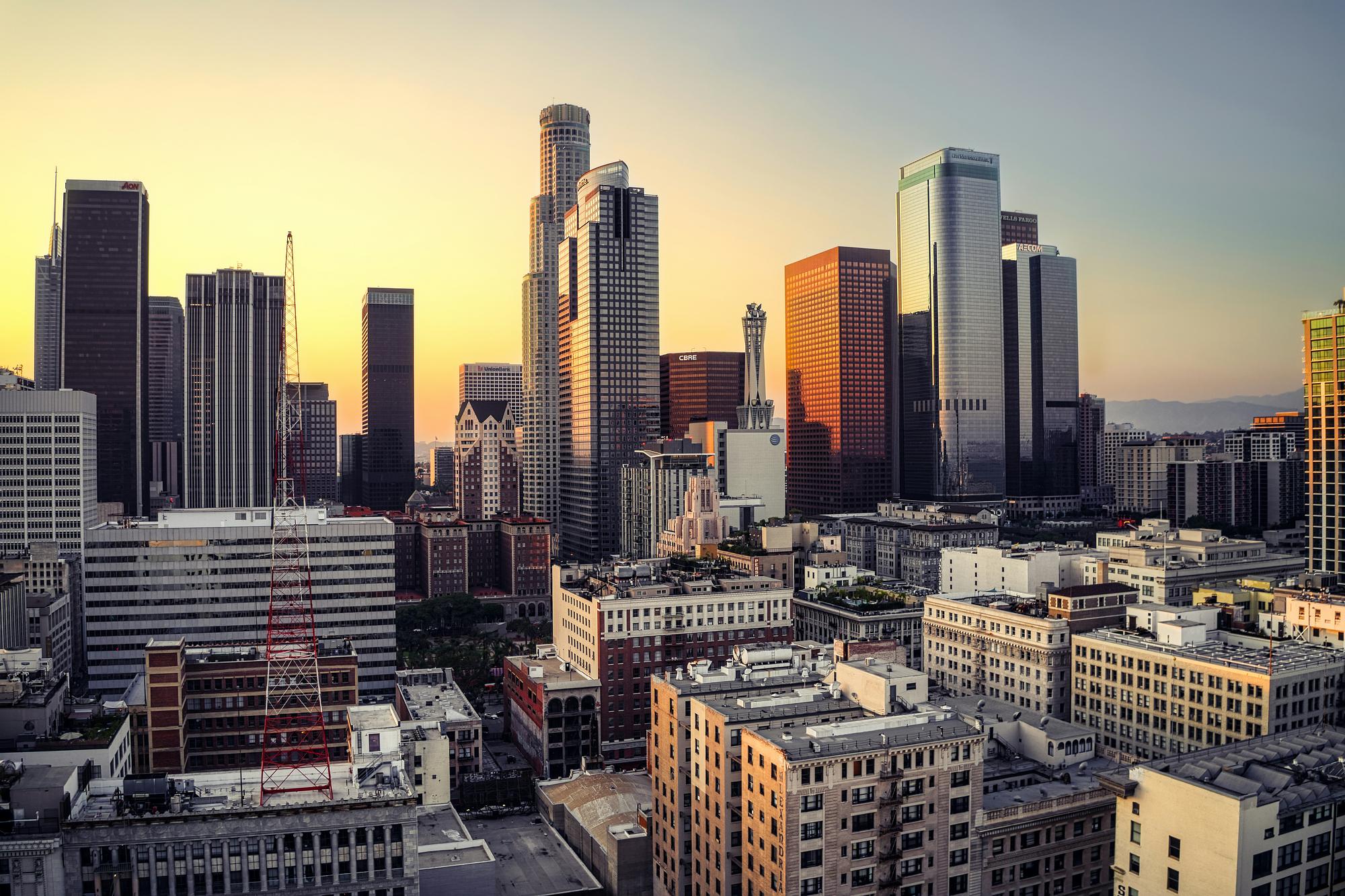 Downtown Los Angeles skyline at sunset, minutes from Van Nuys Airport