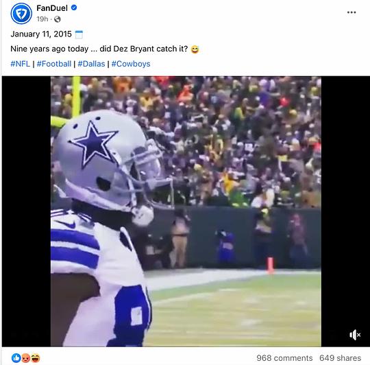 Facebook post from FanDuel containing the #nfl hashtag and showing a Dallas Cowboys player trying to catch the ball