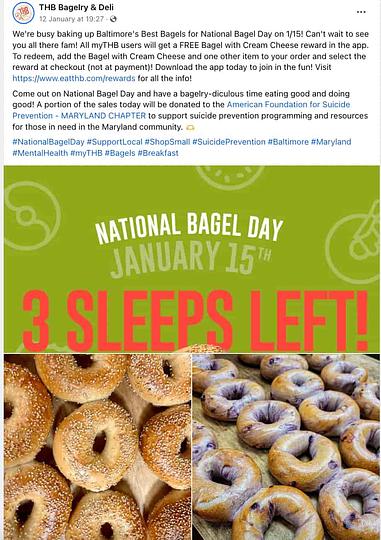 Facebook post from The Bagelry &amp; Deli showing two batches of bagels and a countdown to national bagel day on January 15th with a caption that includes the hashtag #NationalBagelDay