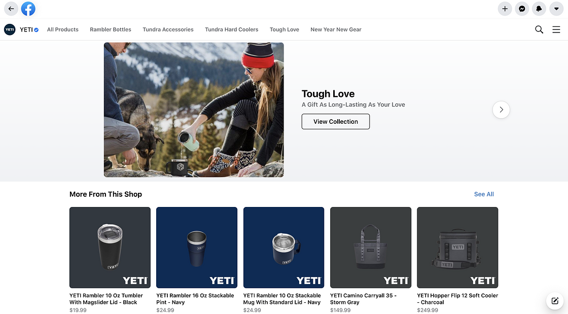 Screenshot of YETI's Facebook shop