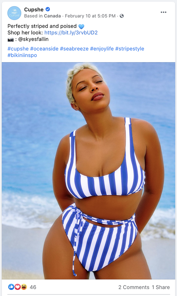 A Cupshe UGC Facebook post that credits the user and links to a product