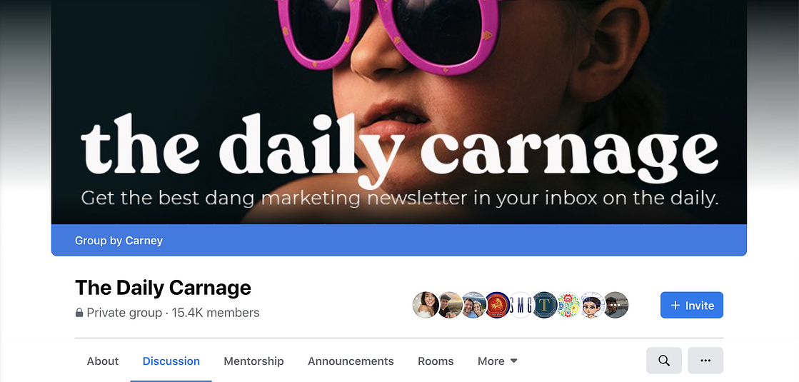 Screenshot of The Daily Carnage's Facebook group header