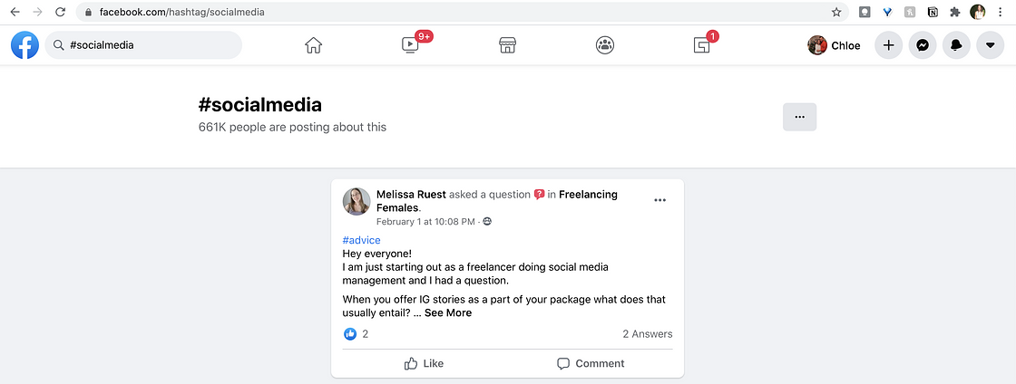 An example of a hashtag search on Facebook