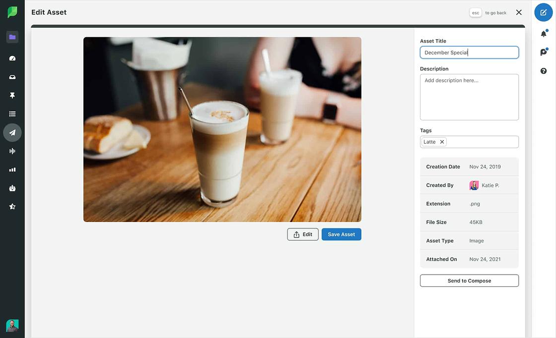 Sprout's Edit Asset screen showing a photograph, editing options, a description box, tags and other features.