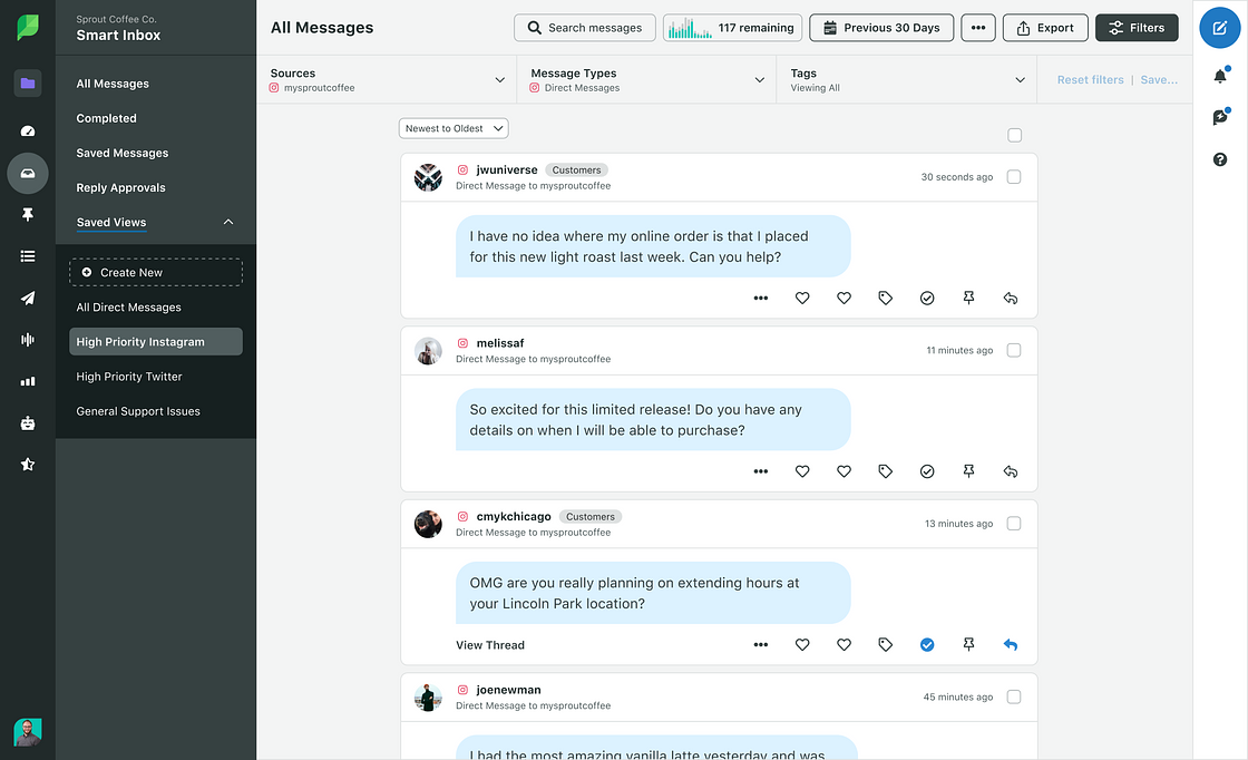 UI of Sprout Social's Smart Inbox management of Instagram DM