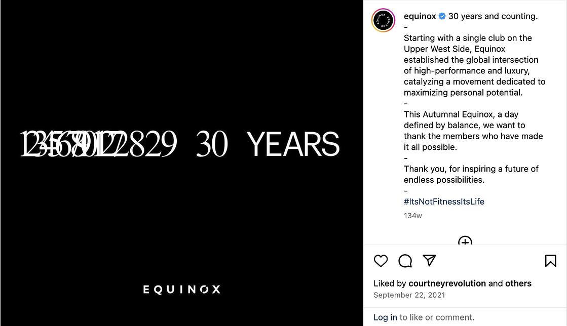 Screenshot of an Instagram post by Equinox with an engaging caption to celebrate a season in a specific location.