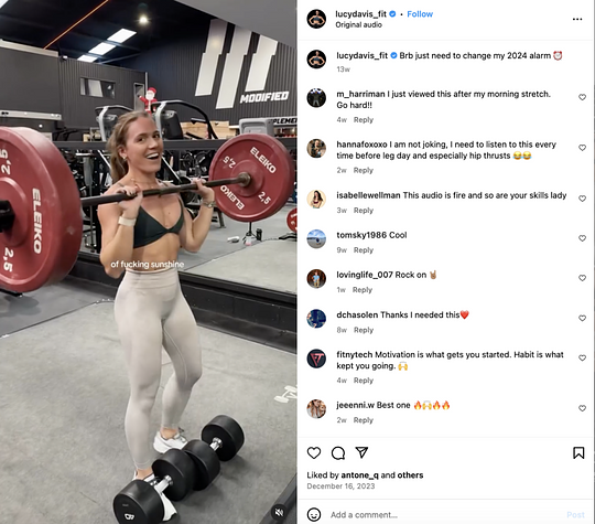 Lucy Davis styles herself as the “no BS fitness girl” and posts regular workouts and exercise reels on her Instagram.